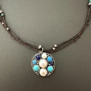 Vintage Sterling Silver CFJ Turquoise Bead Pearl Pendant Necklace